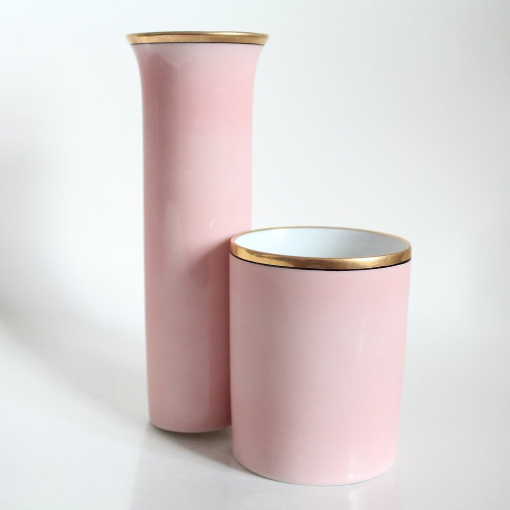[FRITZ & FLOYD] Matching Pink Cylindrical Vases with Golden Rims (Japan)